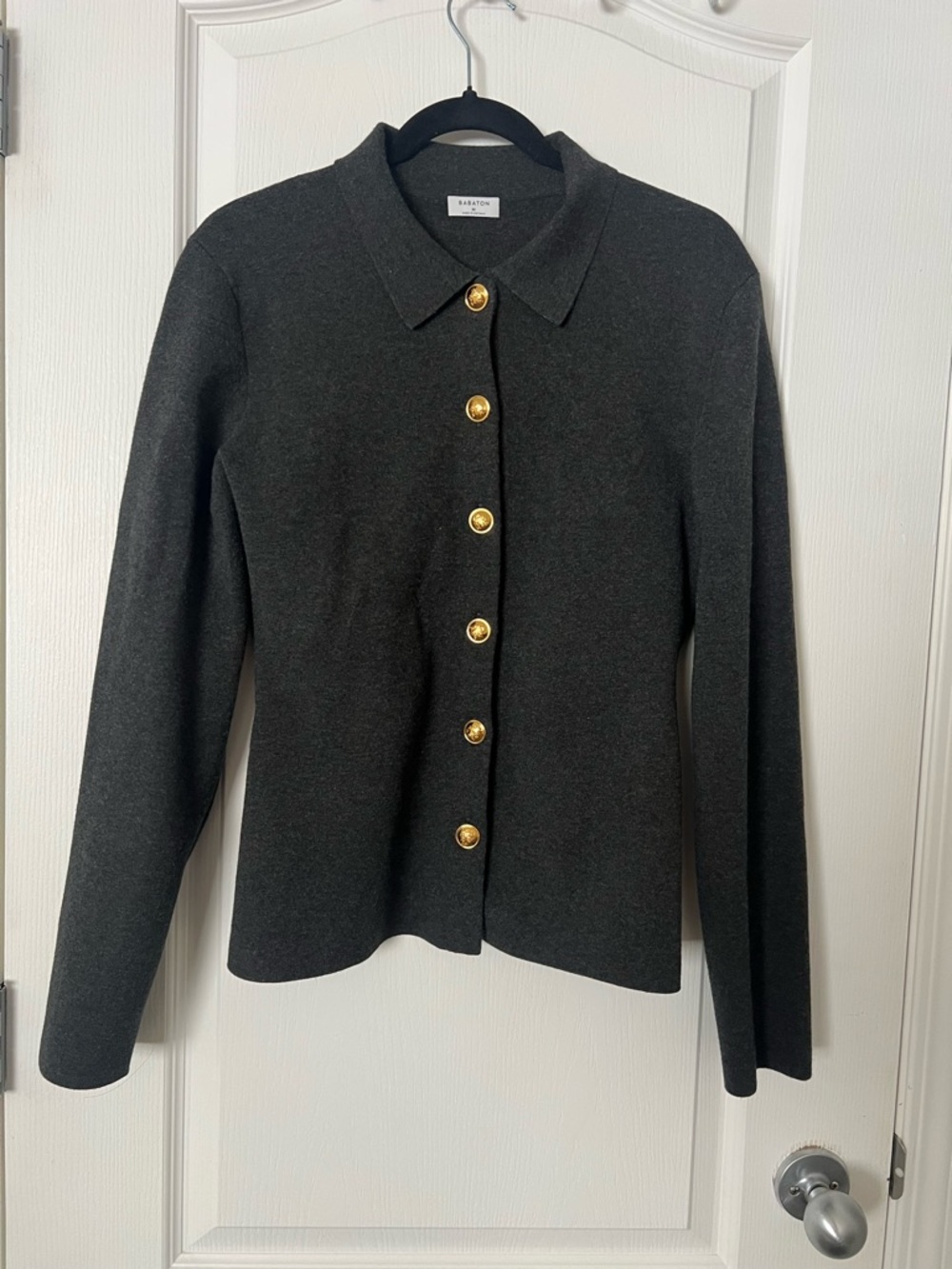 Aritzia Babaton Saint Classic Dark Gray Button-Up Cardigan with Gold Buttons